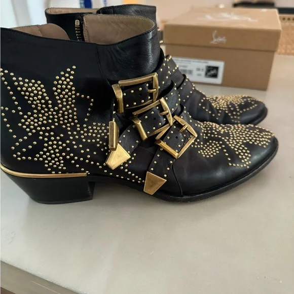 Chloe Susanna Studded Leather Ankle Boots in black and gold. - Picture 6 of 13